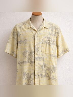 Vintage Columbia Hawaiian Shirt Yellow Palm Print Cotton Men's L